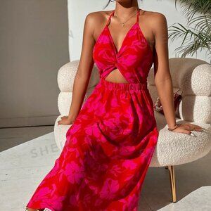 SHEIN VCay Allover Floral Print Twist Front Halter Dress in Hot Pink